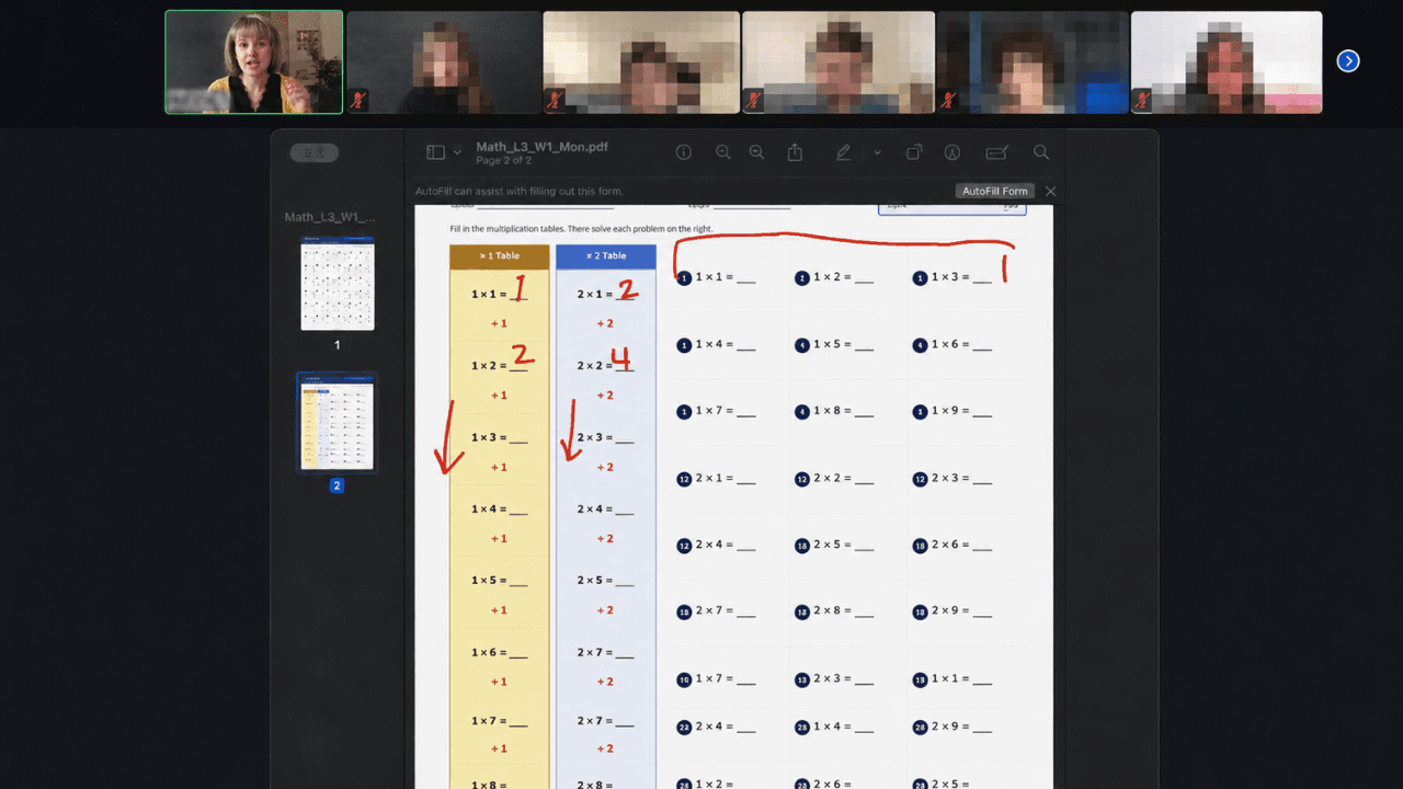 Live Math class on screen — multiplication practice
