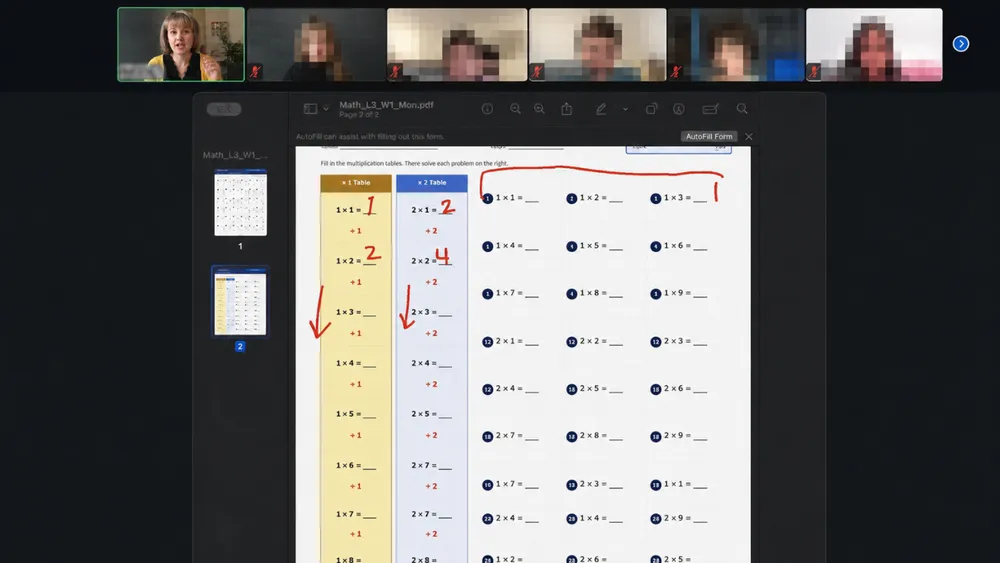 Live Math class — multiplication tables with teacher and students