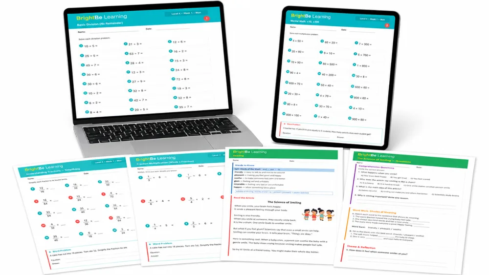 BrightBe printable worksheets — division, mental math, fractions, and reading comprehension